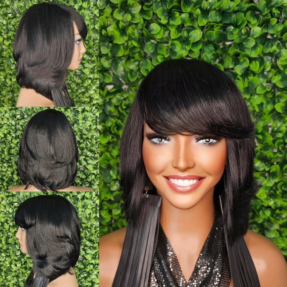 Swoop Bang Bob Wig: Peruvian Remy Human Hair, Glueless Short Cut BLACK